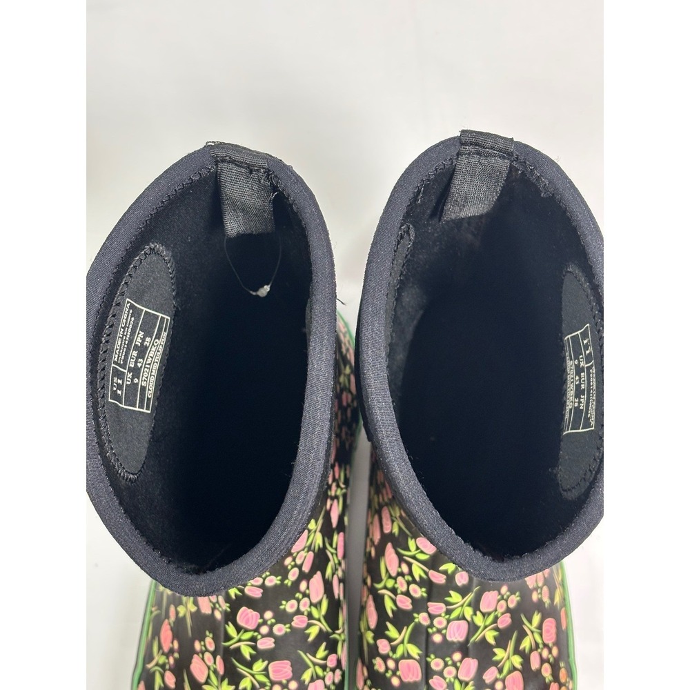 Perfect Storm Cloud Mid Tulip Rain Boots Womens 11 Black Pink Floral Waterproof - Picture 7 of 7